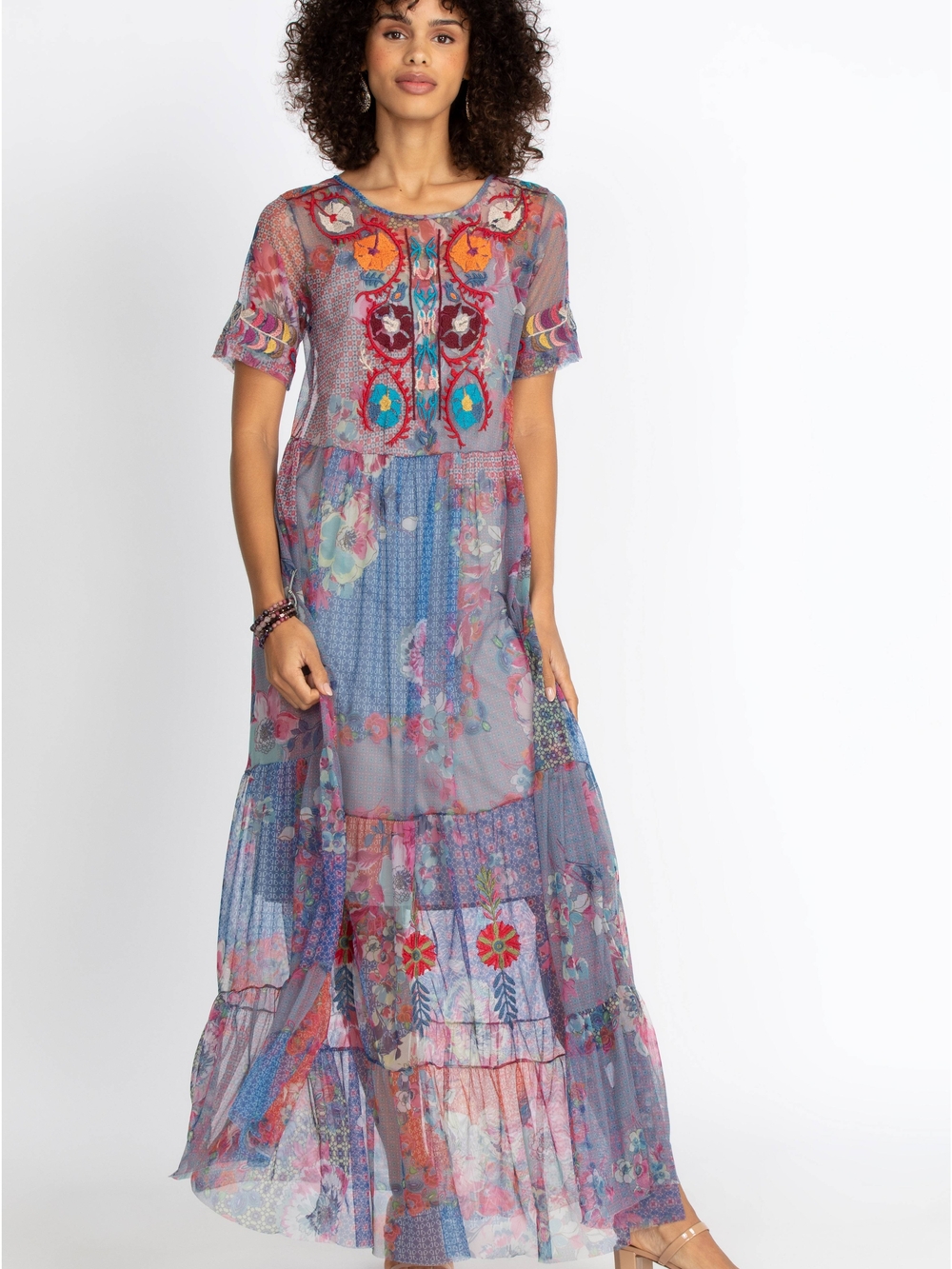 Johnny Was BIYA Kandence Tiered Mesh Dress Womens XS Maxi Floral Embroidery